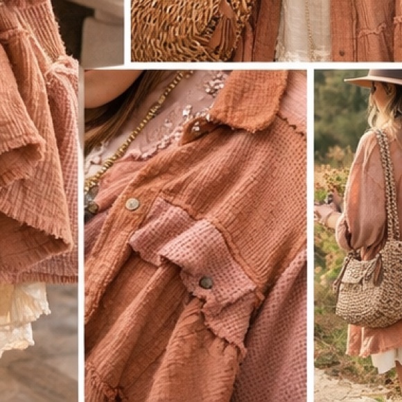 POL Lagenlook Waffle Knit Gauze Oversized Button Down Shacket Top Medium - Picture 3 of 9